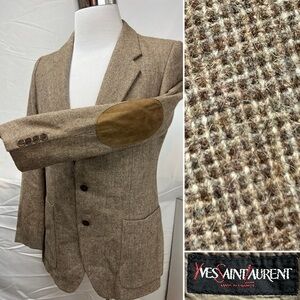Yves Saint Laurent YSL Vintage 40R Brown Tweed Slim Elbow Patch Blazer Jacket